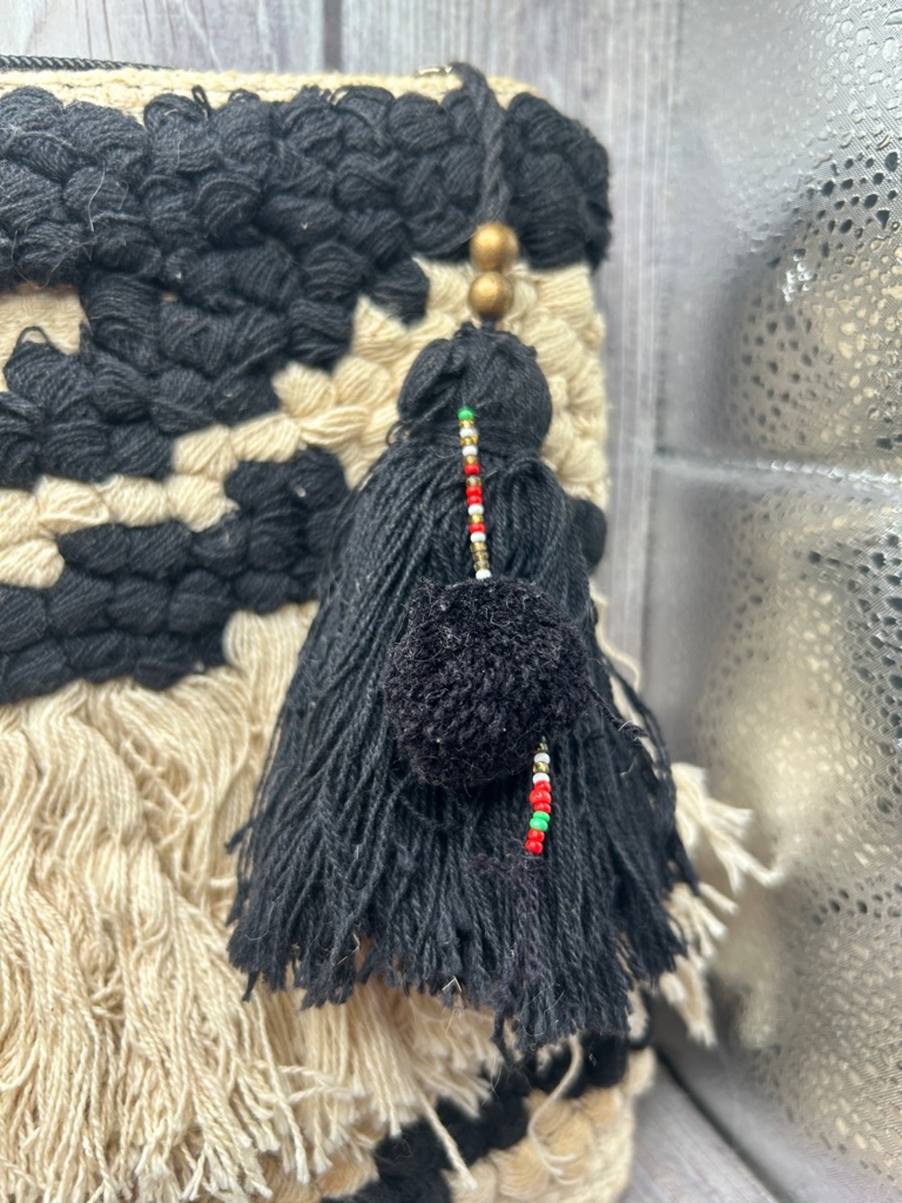MANGO Boho Embroidered Clutch Bag Woven Cotton Macrame Fringe Black Off White - Picture 3 of 13